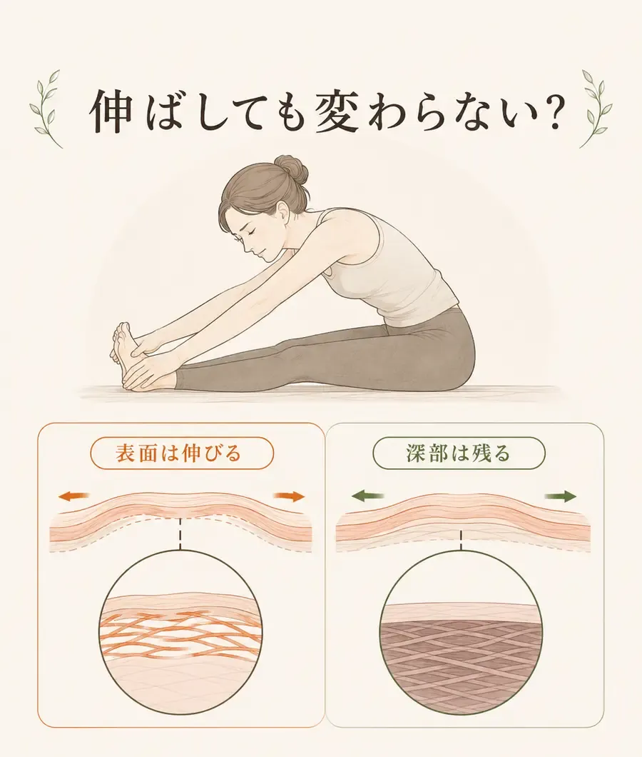 強いストレッチでも深部が十分に変わらないことがあるイメージ